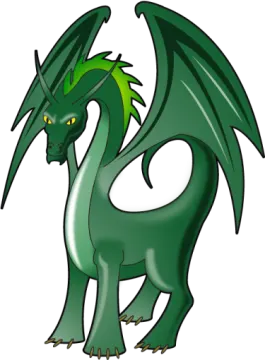 a green dragon with yellow eyes