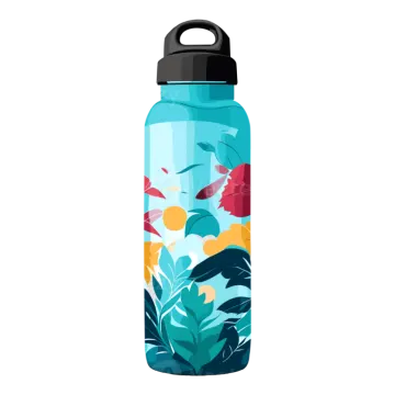 a water bottle with tropical leaves on it