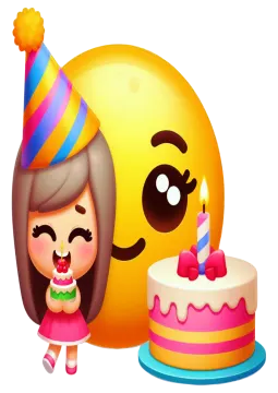 a girl with a birthday cake next to a smiley face