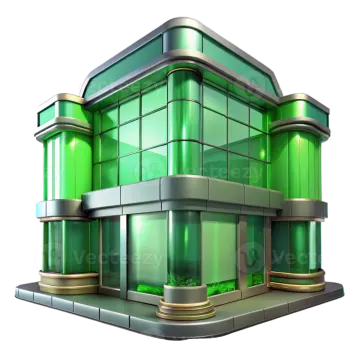 a building with green glass and gold accents