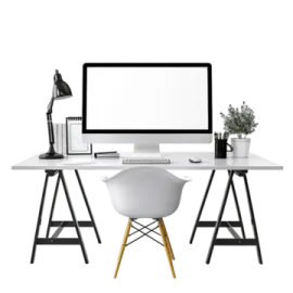 a white desk with a computer on top of it