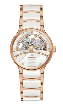 a rose gold and white ceramic watch with diamonds