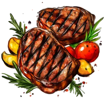 two grilled steaks with tomatoes and lemons