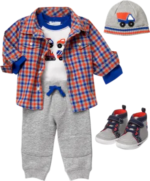 a baby boy's outfit and hat