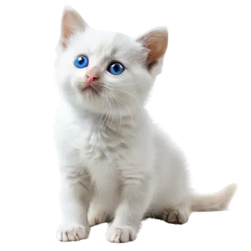 a white kitten with blue eyes sitting down