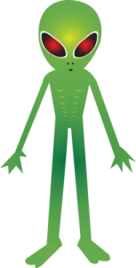 a green alien with red eyes