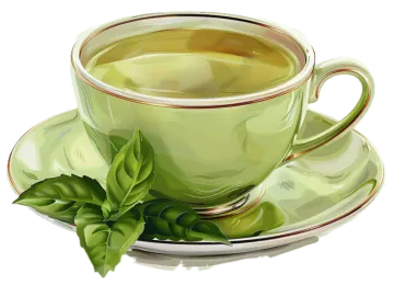 a cup of green tea with leaves