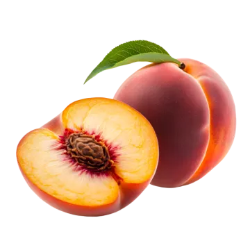 a peach cut in half on a white background