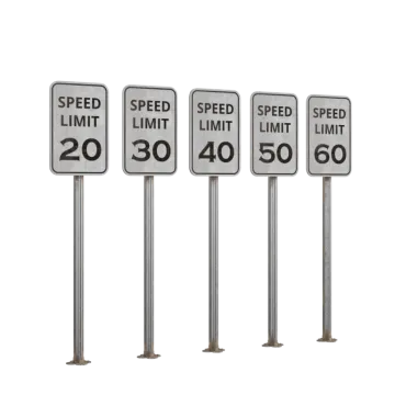 a set of three road signs on poles