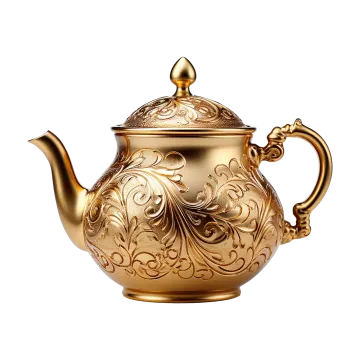 a gold teapot with an ornate design on it