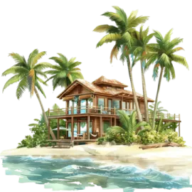a house on the beach with palm trees