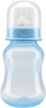 a blue and white baby bottle on a white background