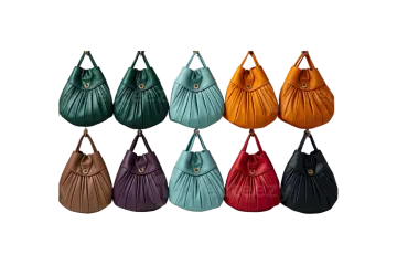a row of different colored leather bags