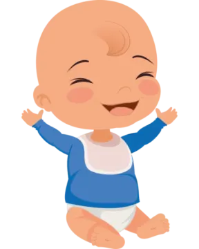 a baby sitting on the floor with his hands up