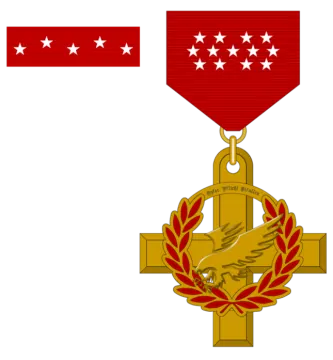a gold medal with red and white stars on it