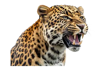 a close up of a leopard with its mouth open