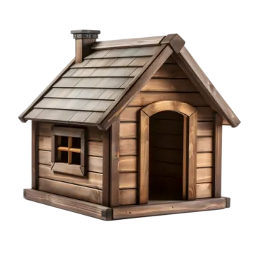 a wooden dog house with a metal roof
