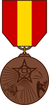 a medal with a red, yellow and yellow ribbon
