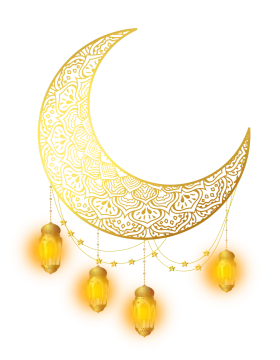 a crescent with lanterns hanging from it