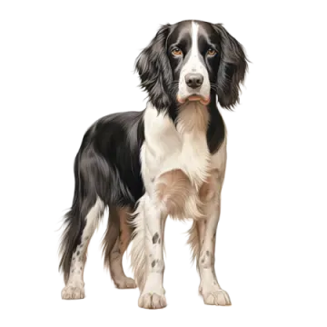 a black and white dog standing in front of a white background