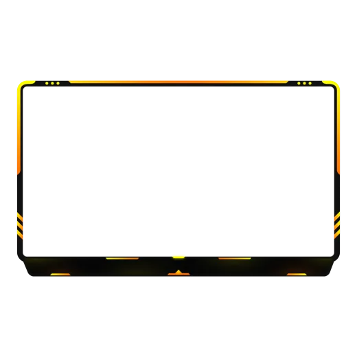 a black and yellow laptop with a white screen