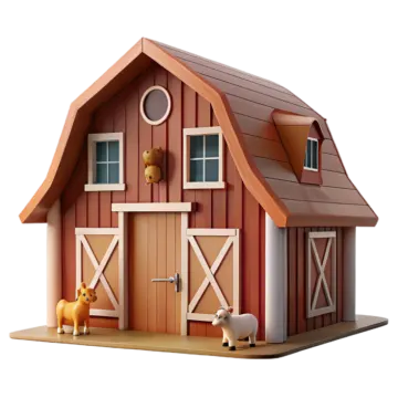 a wooden toy barn with two doors and windows