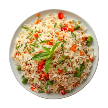 a plate of rice and vegetables on a white background
