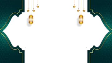 a green background with gold ornaments and a white banner