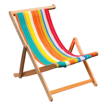 a wooden deck chair with colorful stripes