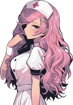 an anime girl with long pink hair and a nurse's cap