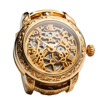 a gold watch with gears on the dial