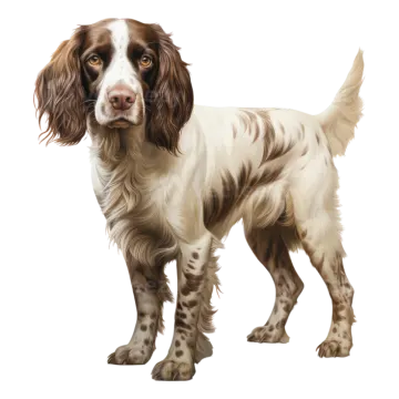 a brown and white dog standing on a white background