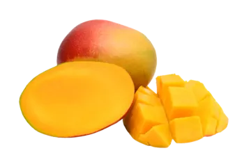 a mango and sliced mango on a white background