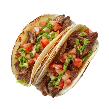 two steak tacoa tacoss on a white background
