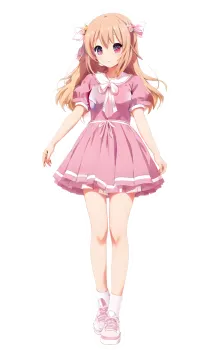 a girl in a pink dress and white shoes