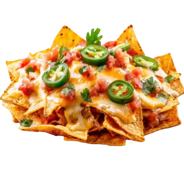 a plate of nachos topped with cheese and salsa sauce