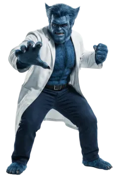 a man in a white jacket and blue pants