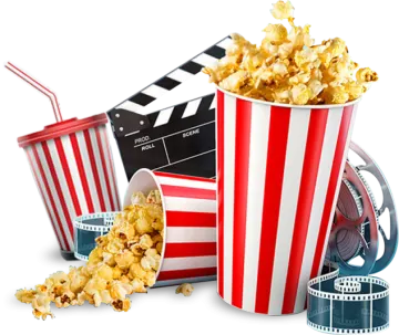 a popcorn bucket and film reels
