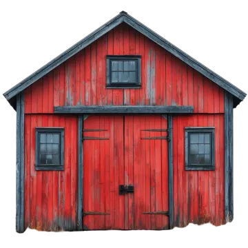 a red barn with two windows and a door