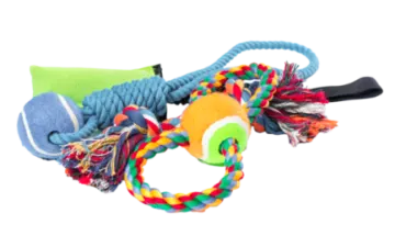 a dog toy with a rope and a ball