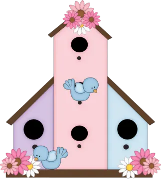 a bird house with two birds and flowers