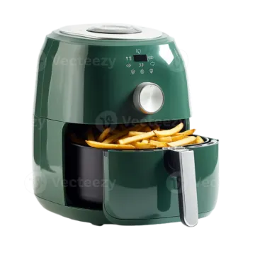 a green air fryer with french fries in it