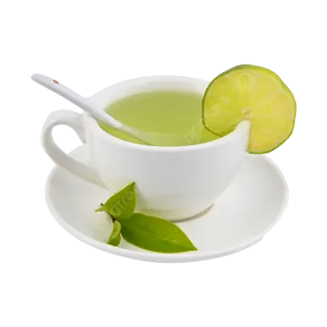 a cup of green tea with a slice of lime
