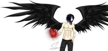 an anime character with black wings and a red ball in his hand