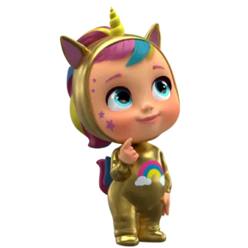 a little girl in a gold outfit and unicorn ears