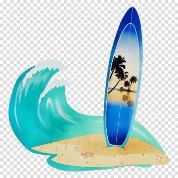a surfboard on the beach with palm trees in the background