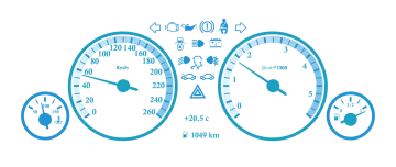 a car dashboard with various gauges and indicators