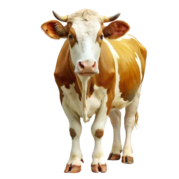 a brown and white cow standing in front of a white background
