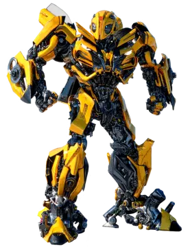 a yellow and black robot standing on top of a white surface