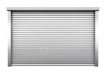 a closed garage door on a white background